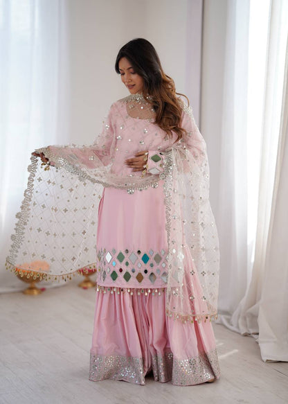 Arti Chauhan Wear Peach Color French Crepe Mirror Work Sharara Suit