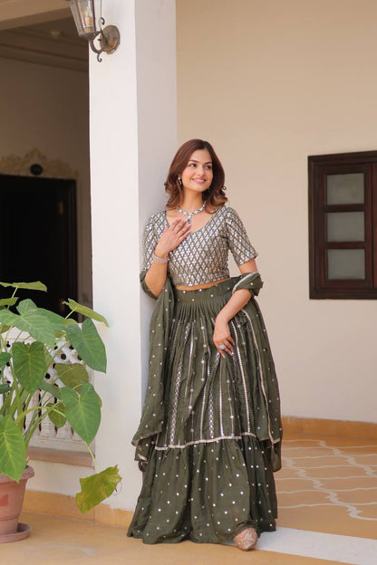 Wedding Wear Green Color Pure Star Georgette Embroidery Sequence Work Lehenga Choli