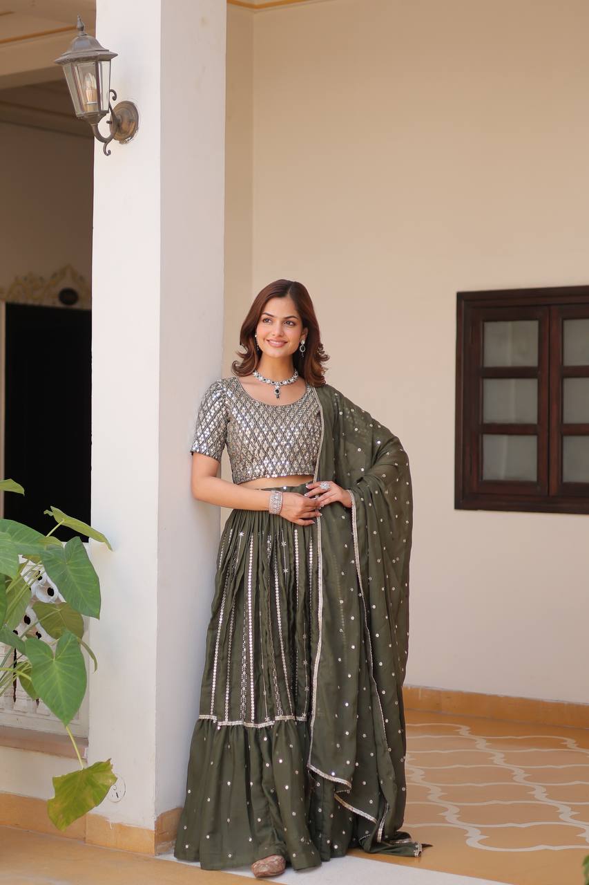 Wedding Wear Green Color Pure Star Georgette Embroidery Sequence Work Lehenga Choli