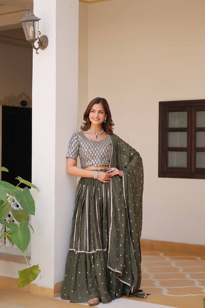 Wedding Wear Green Color Pure Star Georgette Embroidery Sequence Work Lehenga Choli