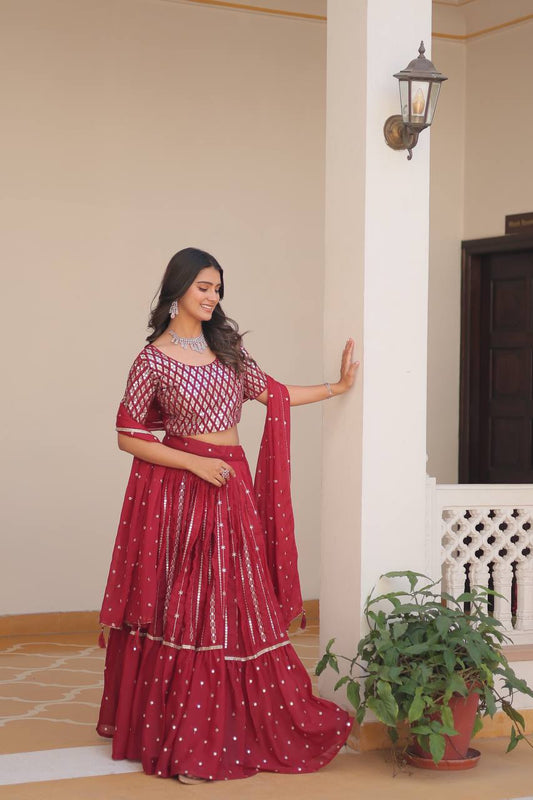 Wedding Wear Maroon Color Pure Star Georgette Embroidery Sequence Work Lehenga Choli