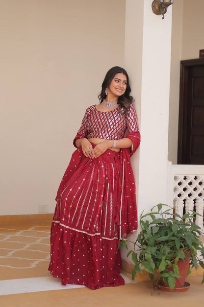 Wedding Wear Maroon Color Pure Star Georgette Embroidery Sequence Work Lehenga Choli