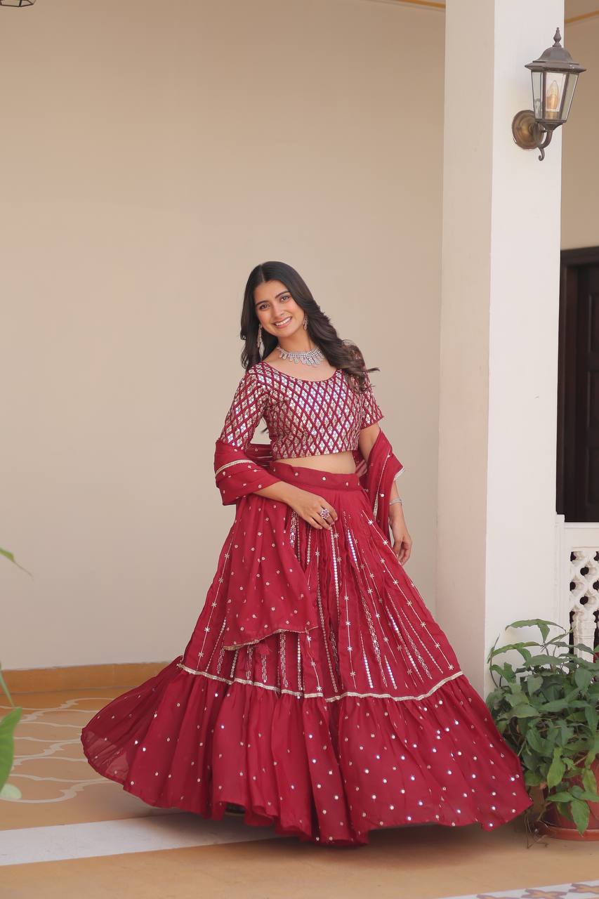 Wedding Wear Maroon Color Pure Star Georgette Embroidery Sequence Work Lehenga Choli