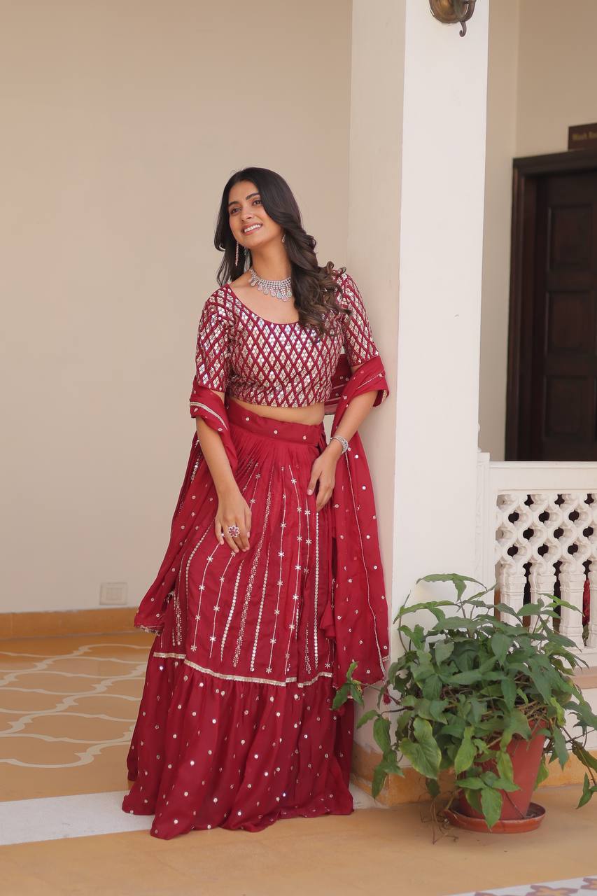 Wedding Wear Maroon Color Pure Star Georgette Embroidery Sequence Work Lehenga Choli