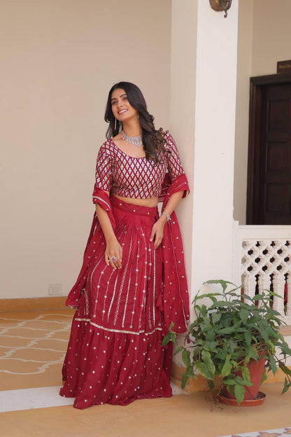 Wedding Wear Maroon Color Pure Star Georgette Embroidery Sequence Work Lehenga Choli