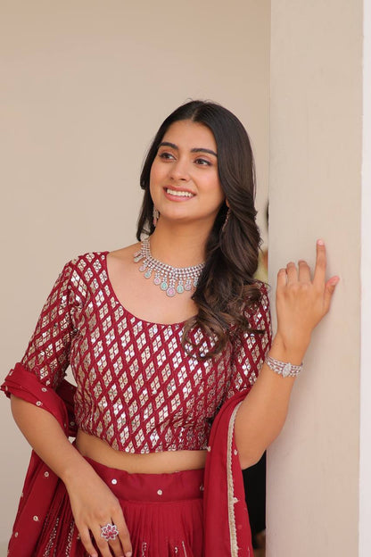 Wedding Wear Maroon Color Pure Star Georgette Embroidery Sequence Work Lehenga Choli