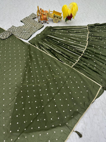 Wedding Wear Green Color Pure Star Georgette Embroidery Sequence Work Lehenga Choli