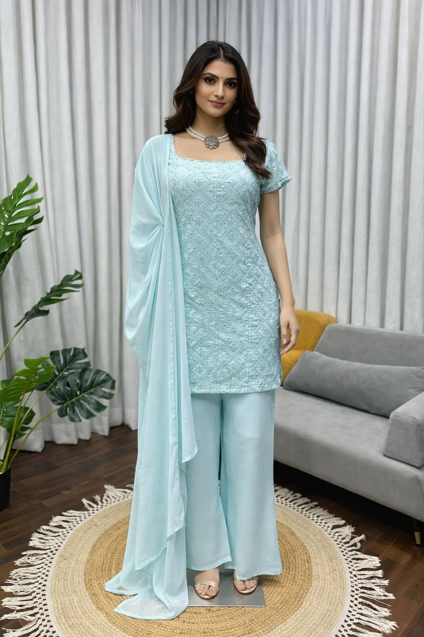 Attractive Sky Blue Color Sequins Palazzo Suit With Dupatta