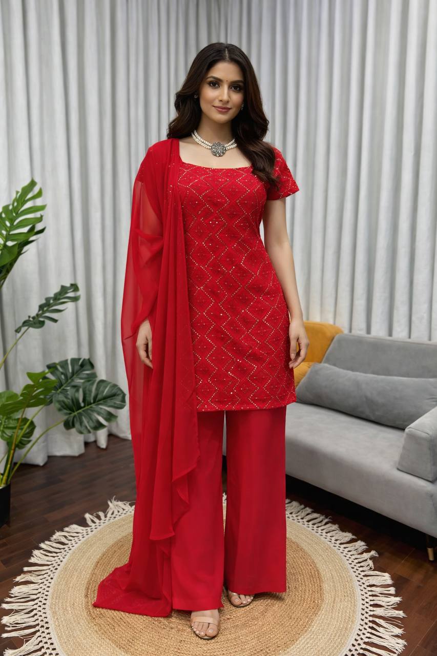 Fancy Red Color Sequins Palazzo Suit With Dupatta Set