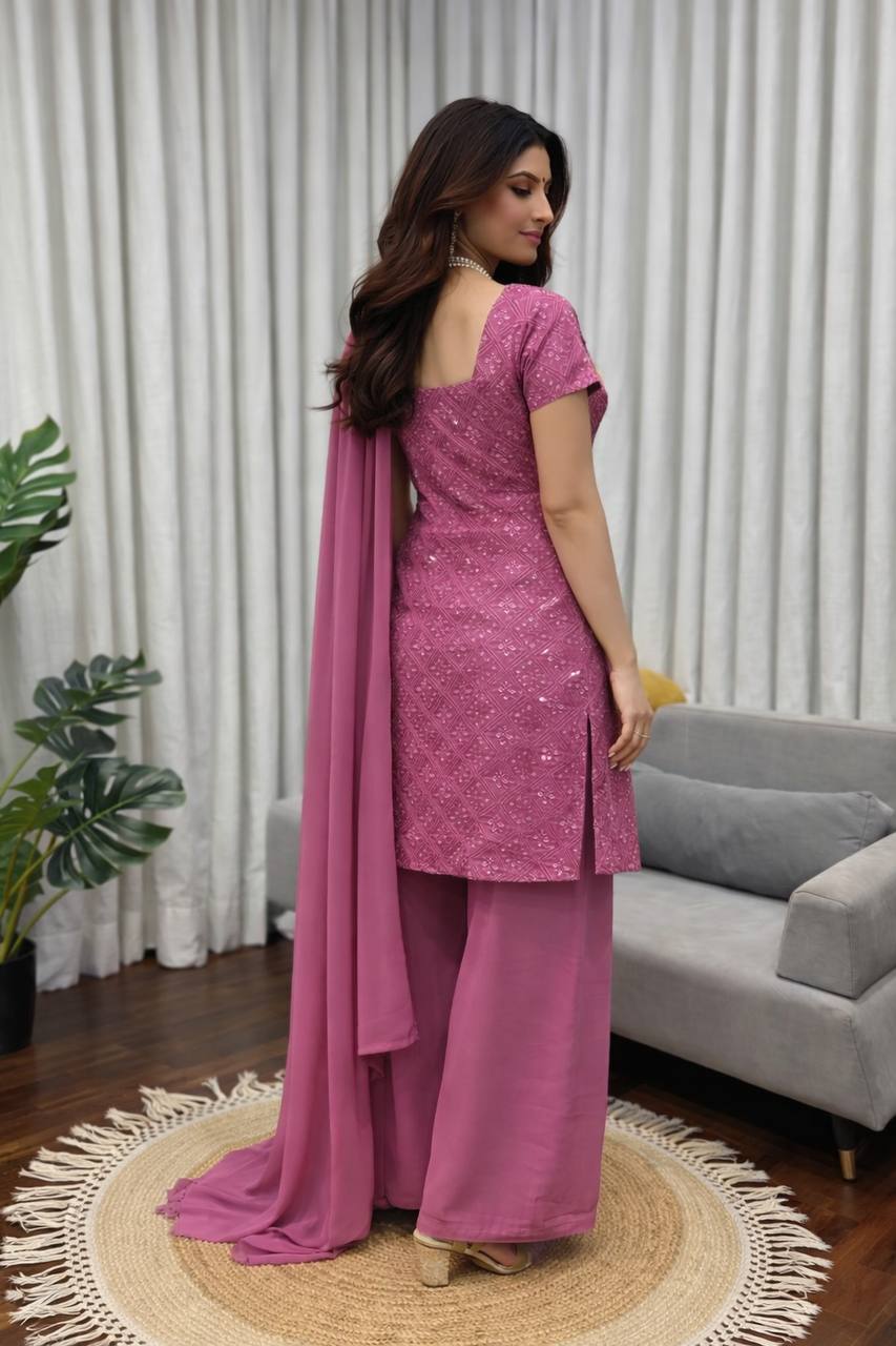 Wonderful Pink Color Sequins Palazzo Suit With Dupatta Set