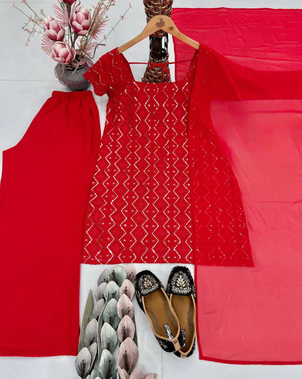 Fancy Red Color Sequins Palazzo Suit With Dupatta Set
