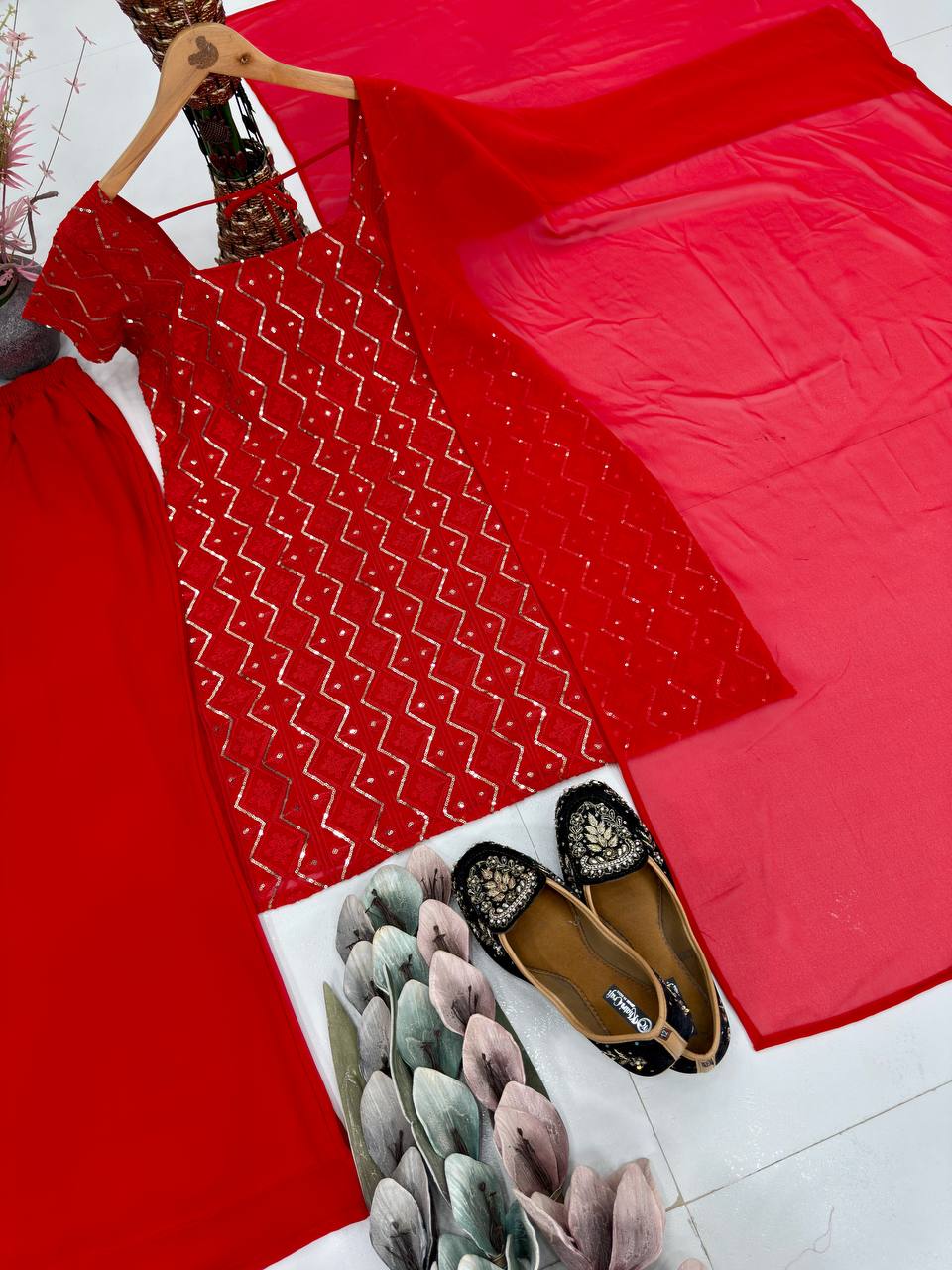 Fancy Red Color Sequins Palazzo Suit With Dupatta Set