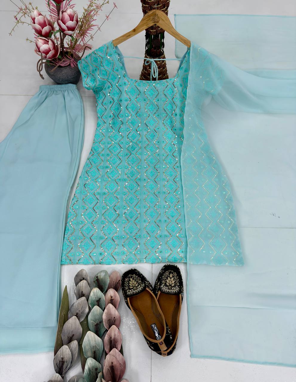 Attractive Sky Blue Color Sequins Palazzo Suit With Dupatta