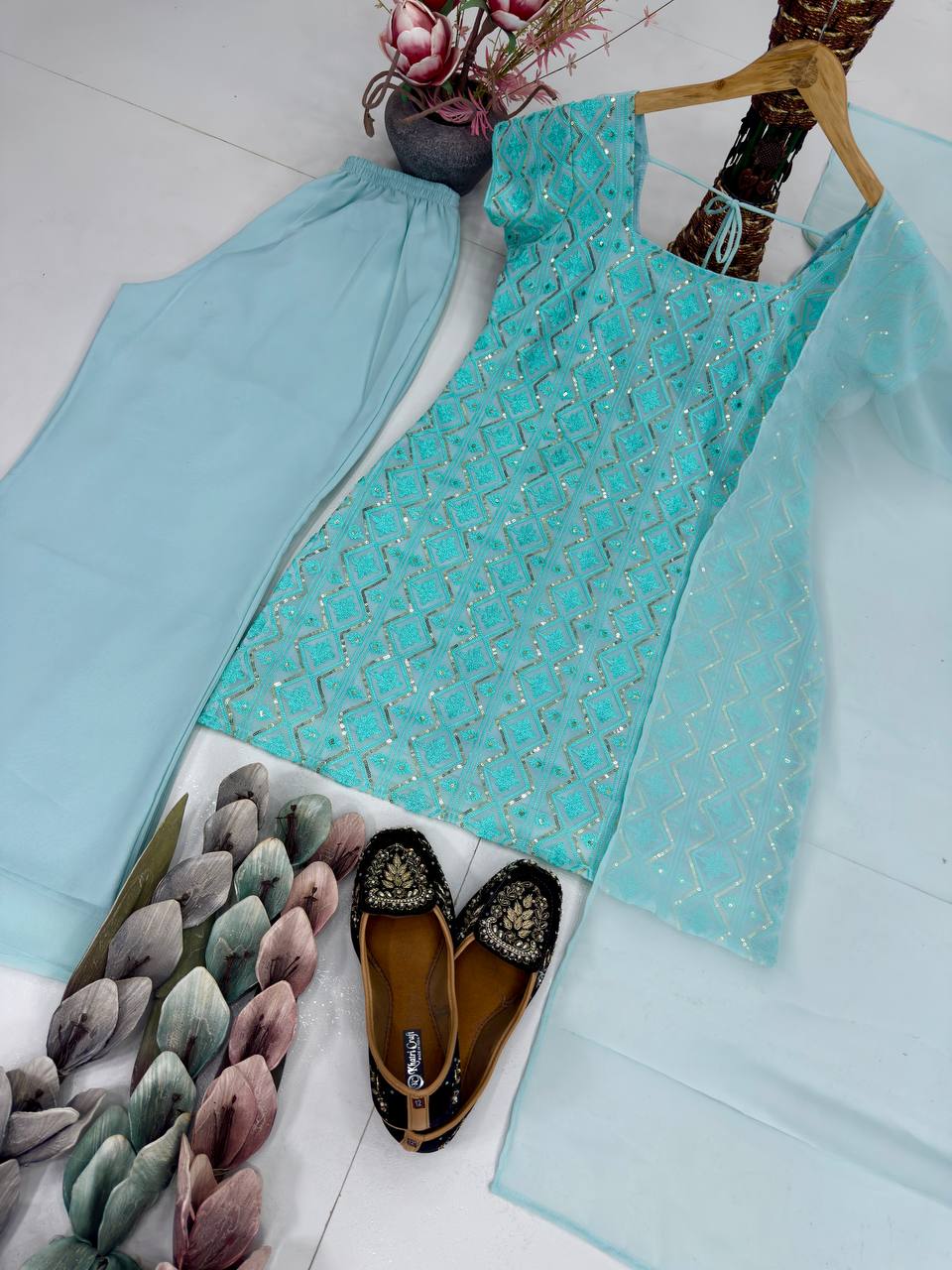 Attractive Sky Blue Color Sequins Palazzo Suit With Dupatta