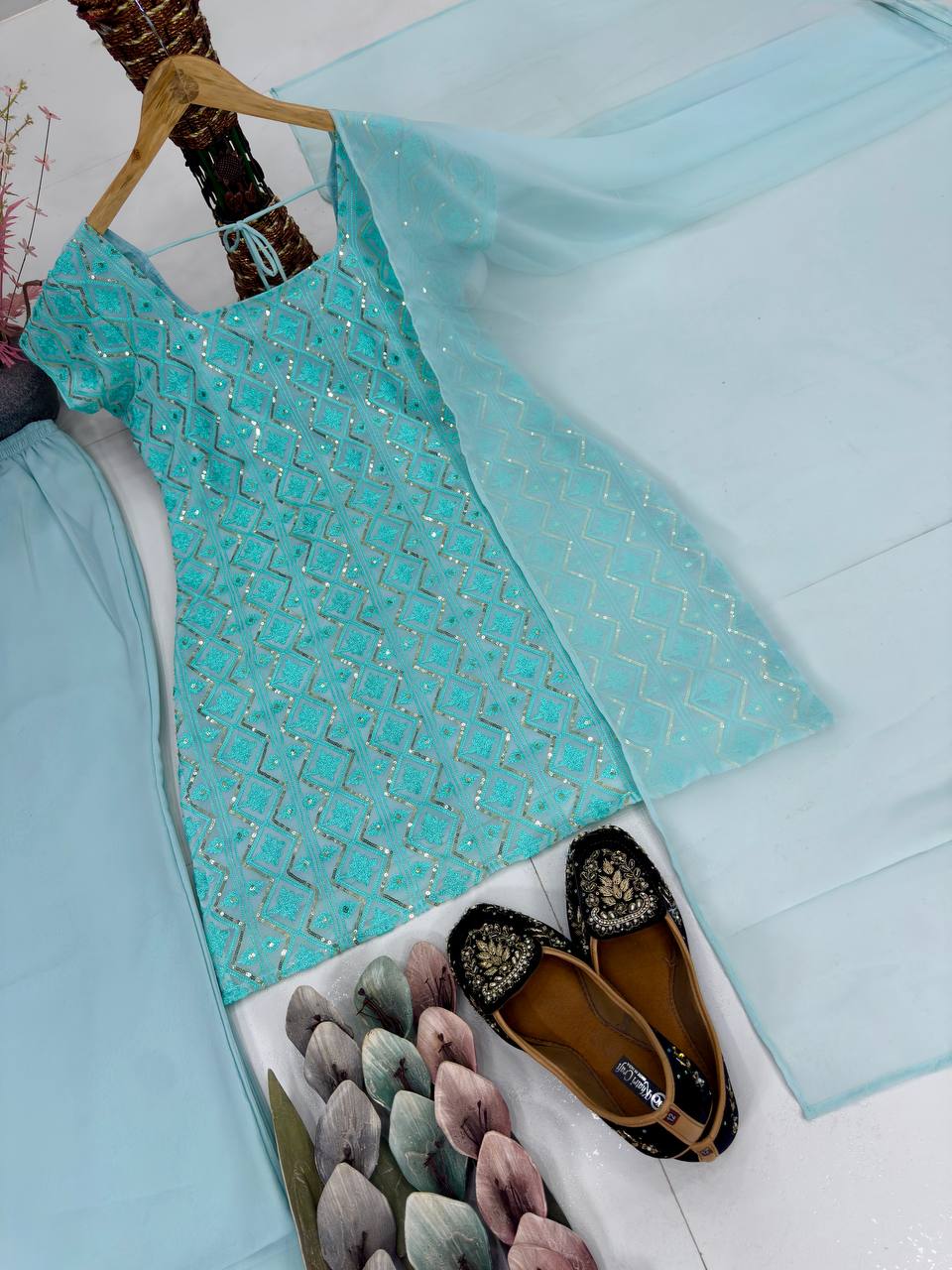 Attractive Sky Blue Color Sequins Palazzo Suit With Dupatta