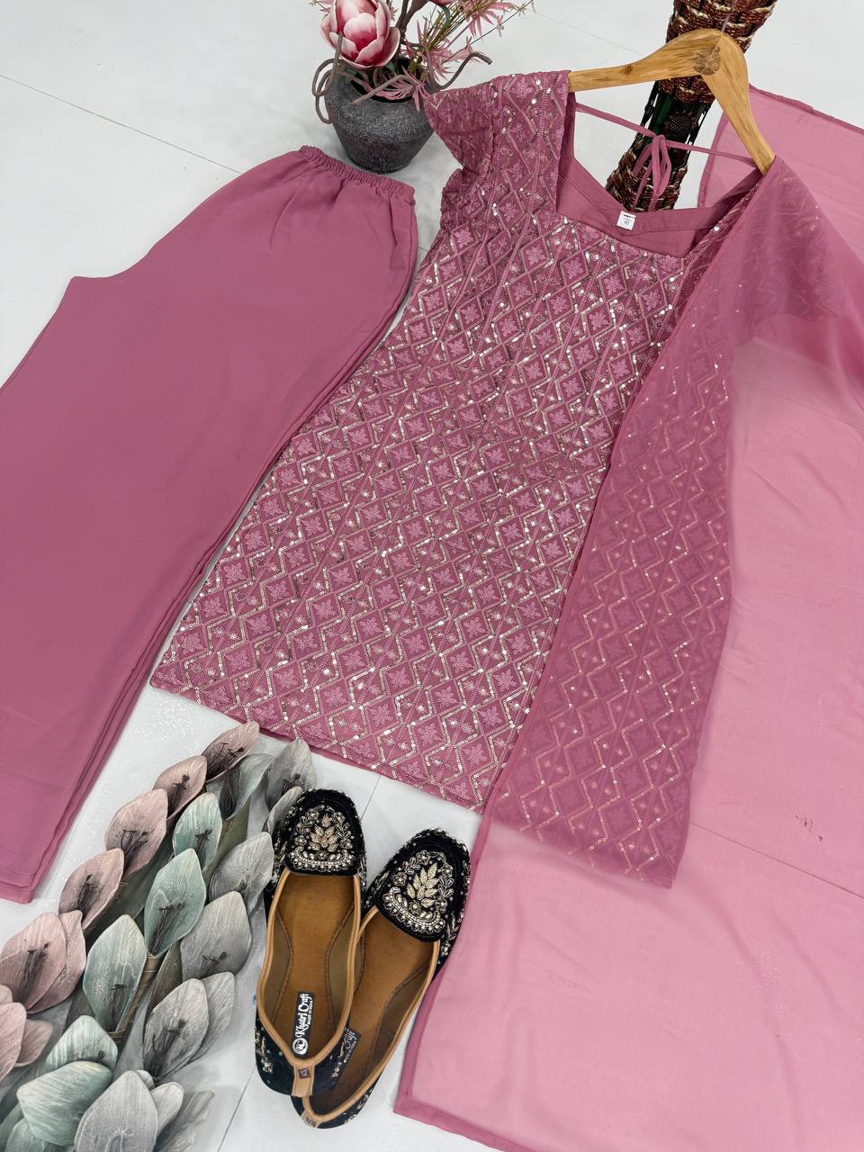 Wonderful Pink Color Sequins Palazzo Suit With Dupatta Set