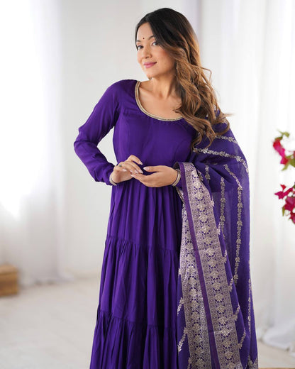 Embellished Blue Color Pure Roman Silk Chanderi Fabric Fully Flair Anarkali Gown