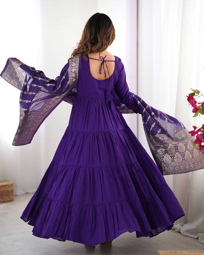 Embellished Blue Color Pure Roman Silk Chanderi Fabric Fully Flair Anarkali Gown