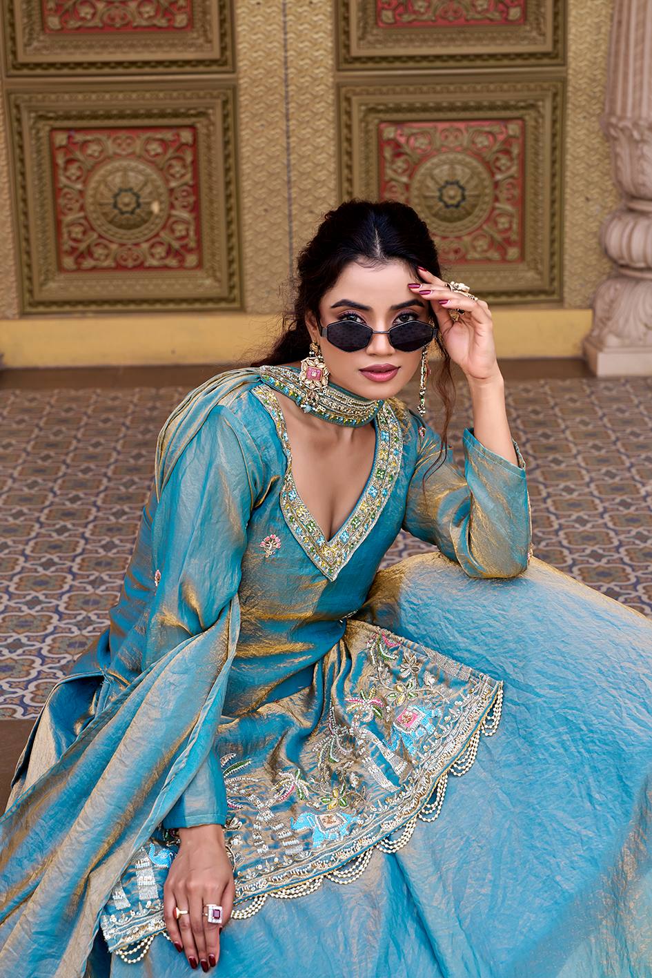 Wonderful Sky Blue Color Pure Fendy Heavy Embroidery Top With Lehenga