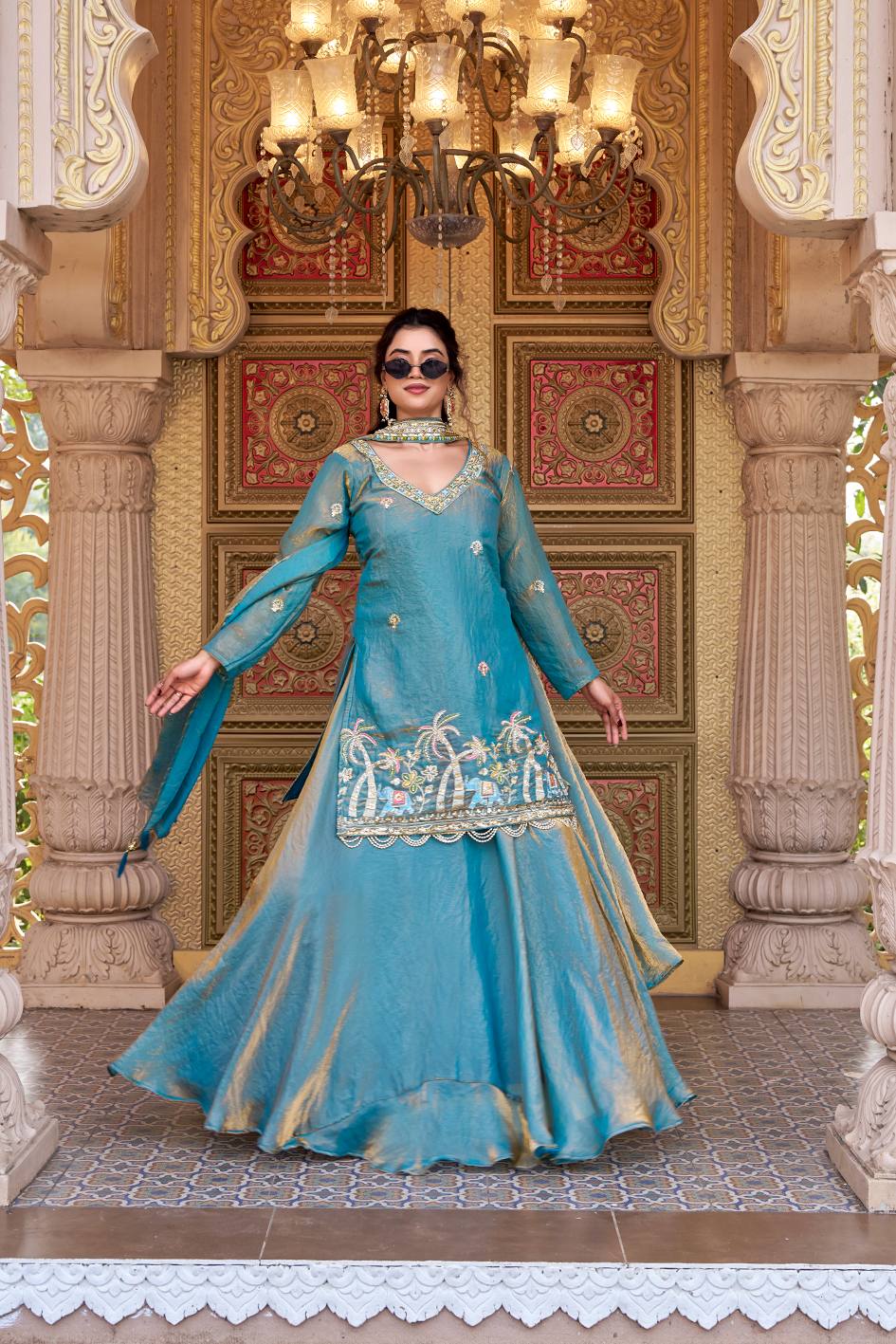 Wonderful Sky Blue Color Pure Fendy Heavy Embroidery Top With Lehenga