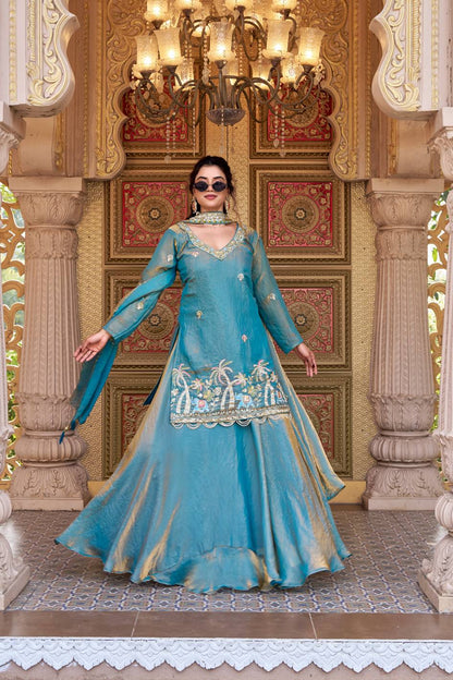 Wonderful Sky Blue Color Pure Fendy Heavy Embroidery Top With Lehenga