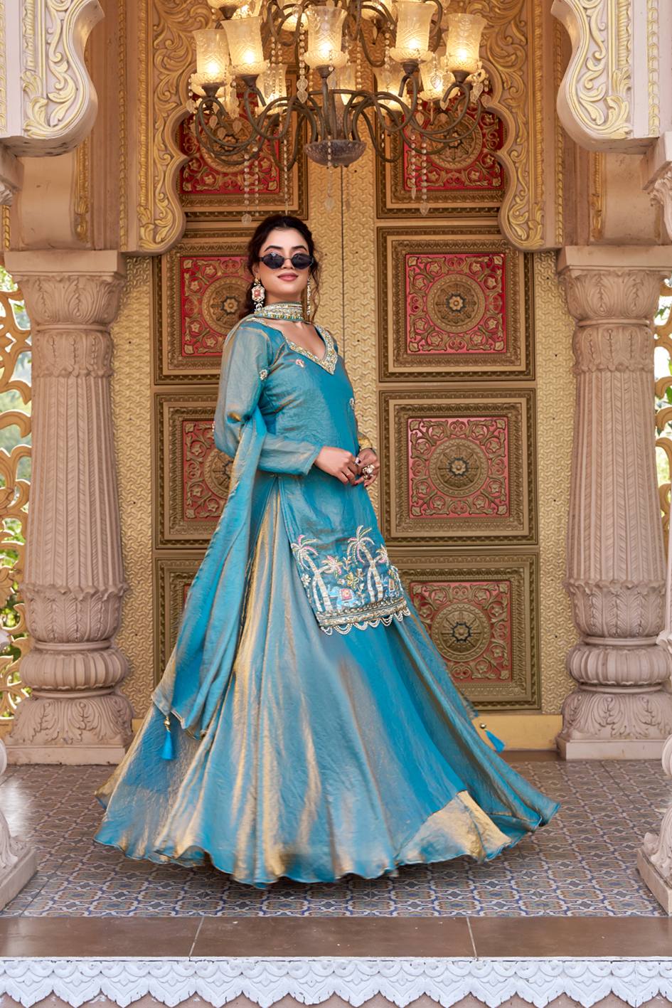 Wonderful Sky Blue Color Pure Fendy Heavy Embroidery Top With Lehenga