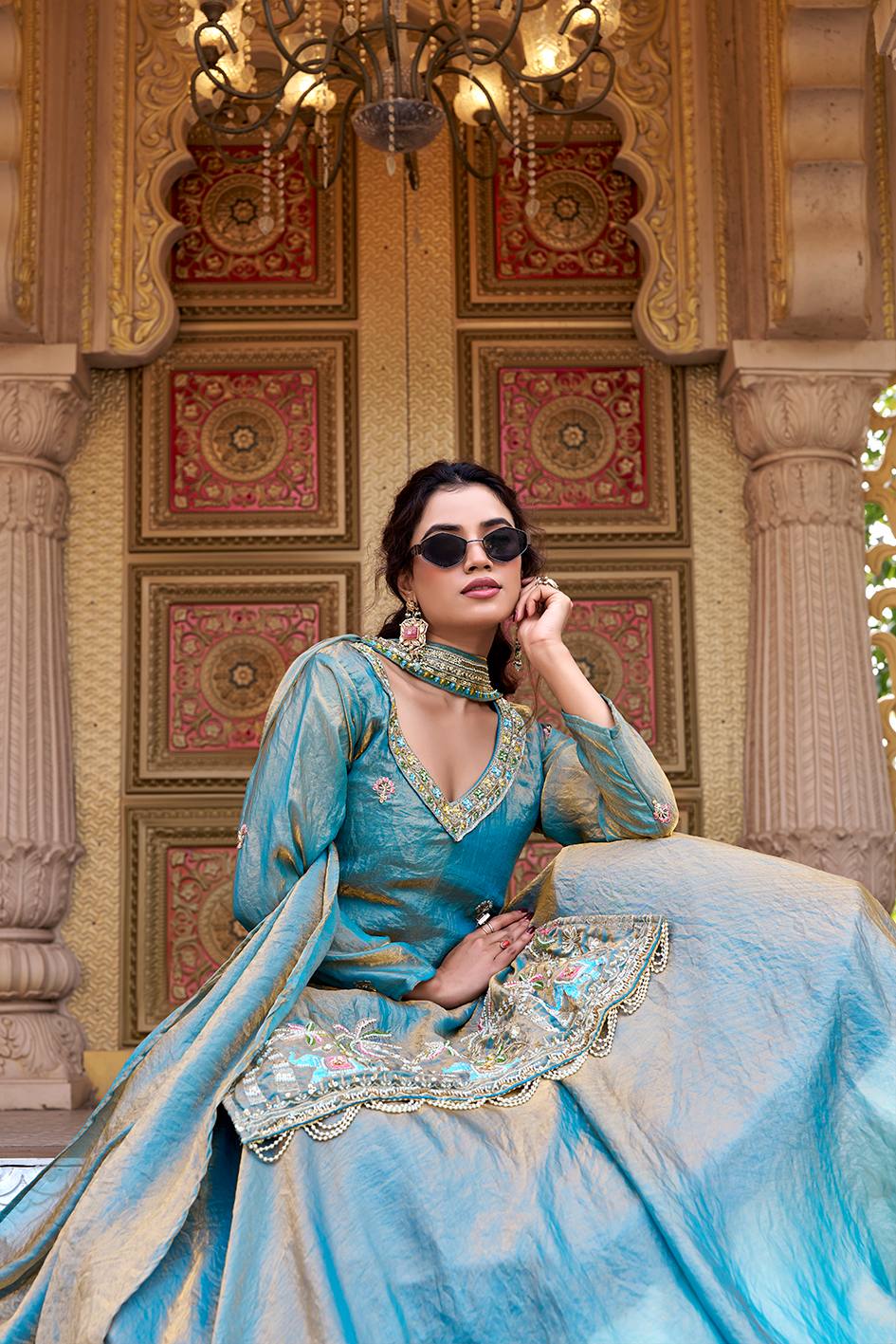 Wonderful Sky Blue Color Pure Fendy Heavy Embroidery Top With Lehenga