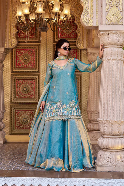 Wonderful Sky Blue Color Pure Fendy Heavy Embroidery Top With Lehenga