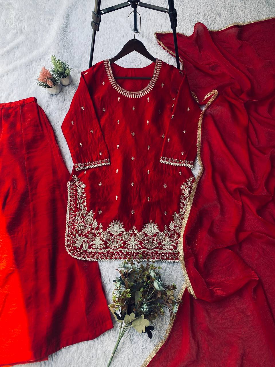 Elegant Festive Wear Red Color Fendy Silk Palazzo Suit