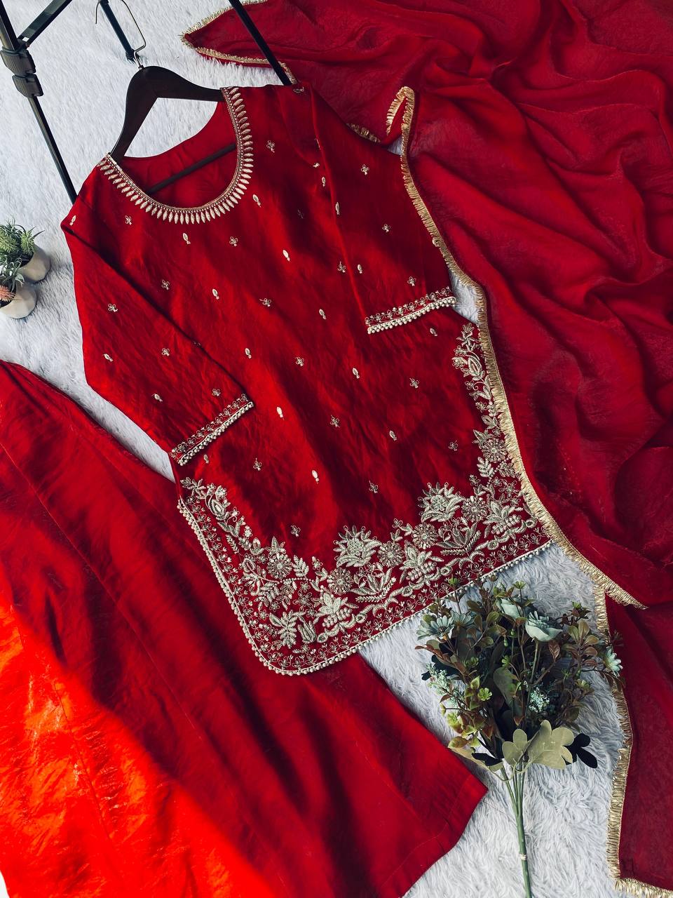 Elegant Festive Wear Red Color Fendy Silk Palazzo Suit