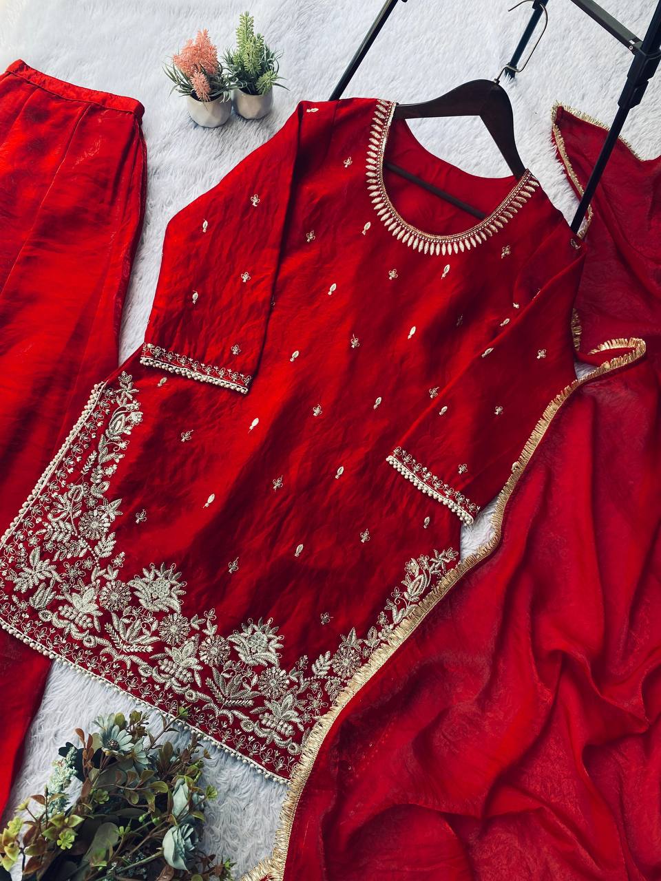 Elegant Festive Wear Red Color Fendy Silk Palazzo Suit