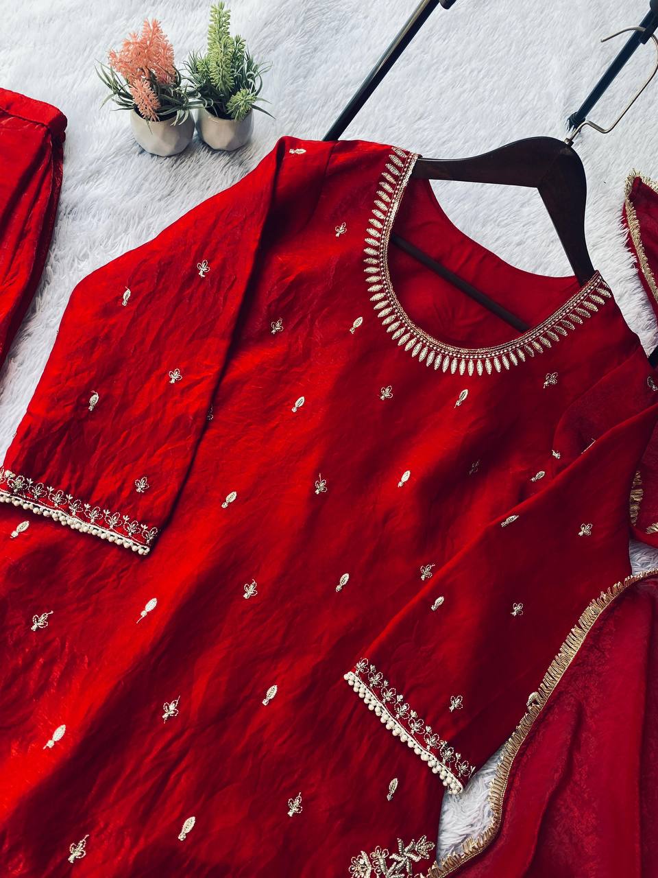 Elegant Festive Wear Red Color Fendy Silk Palazzo Suit