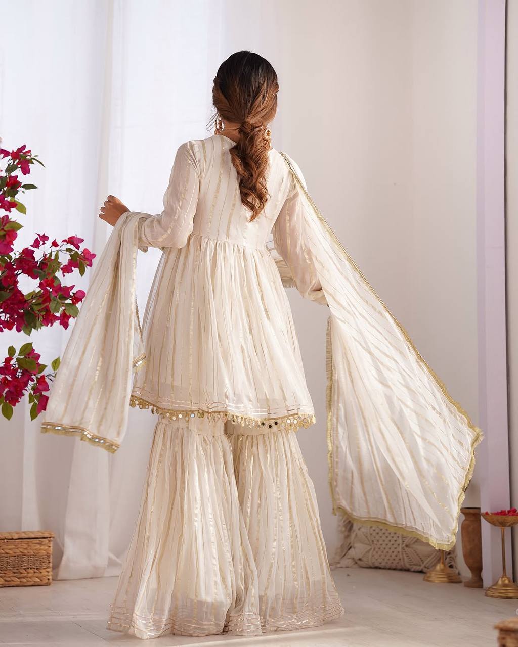 Arti Chauhan's Off White Color Mirror With Handwork Designer Sharara Suit