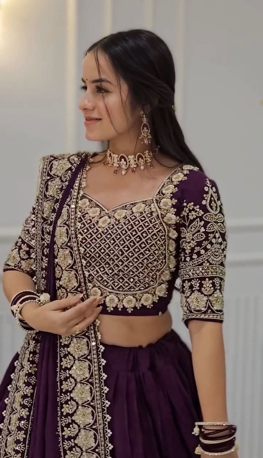 Function Wear Purple Color Chinon Heavy Embroidered Lehenga Set