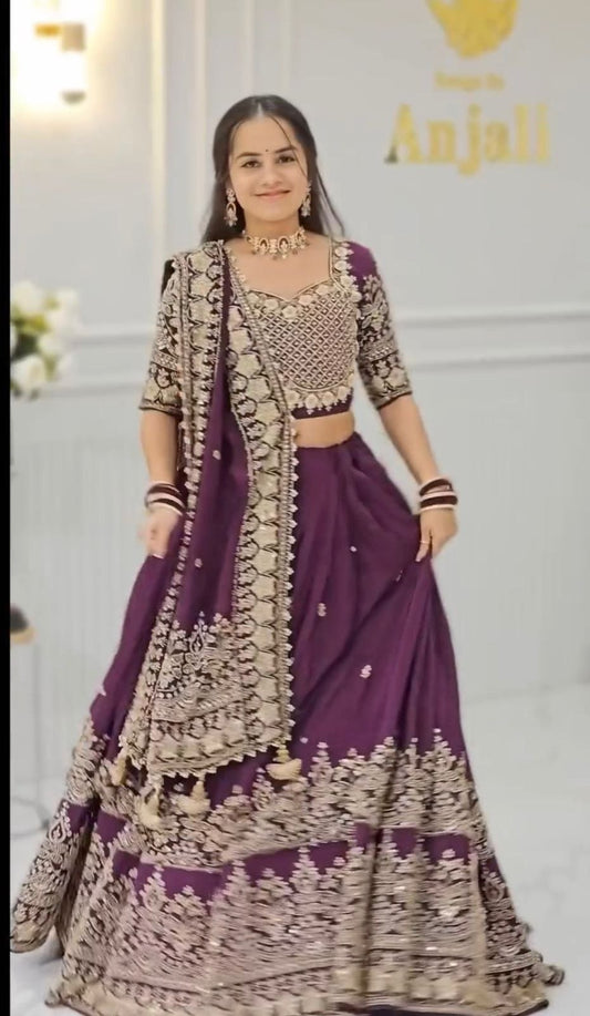 Function Wear Purple Color Chinon Heavy Embroidered Lehenga Set