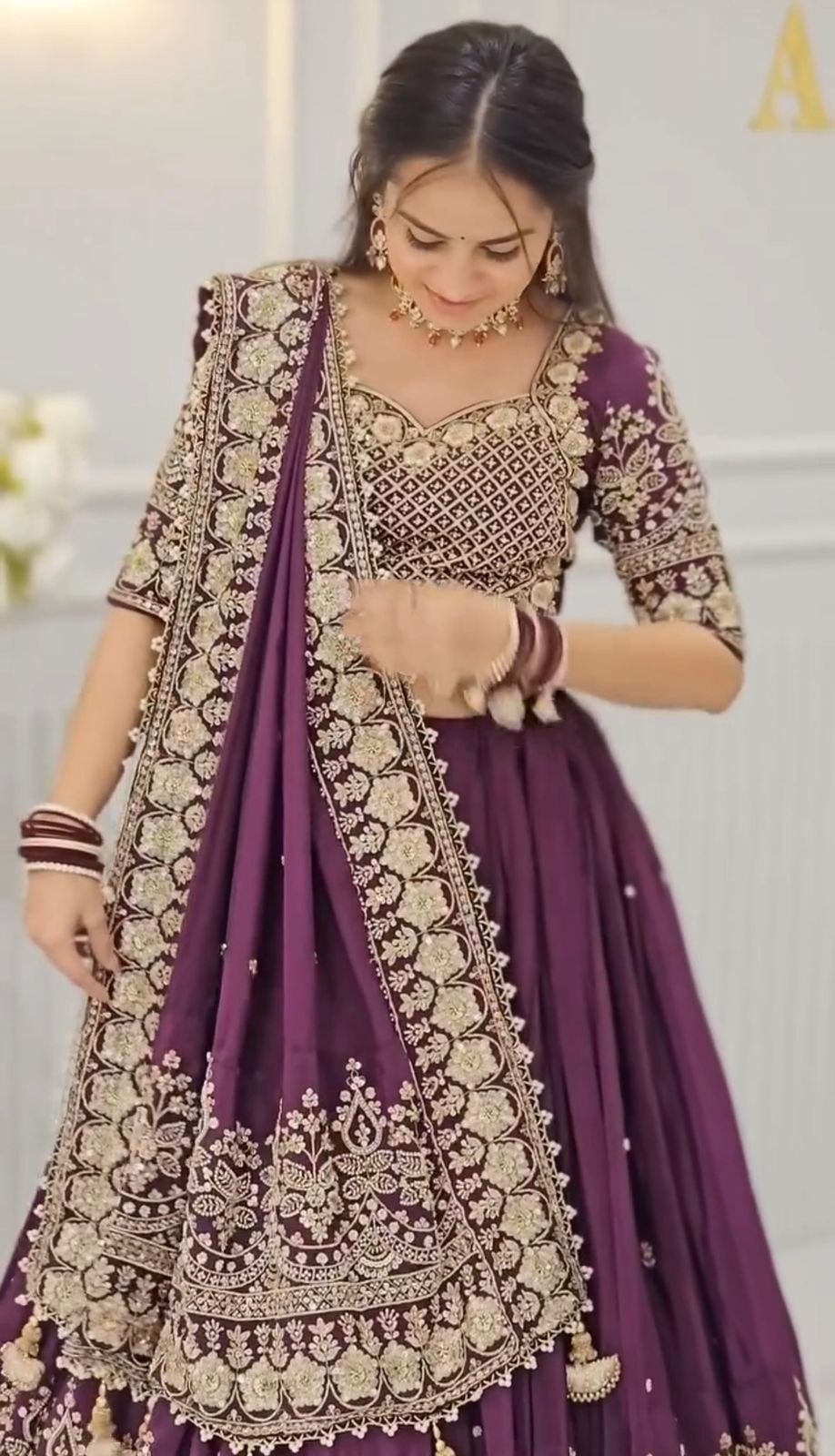 Function Wear Purple Color Chinon Heavy Embroidered Lehenga Set