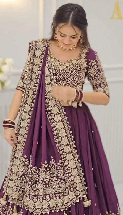 Function Wear Purple Color Chinon Heavy Embroidered Lehenga Set