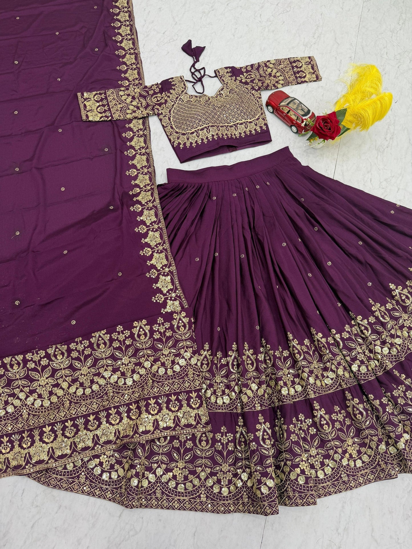Function Wear Purple Color Chinon Heavy Embroidered Lehenga Set