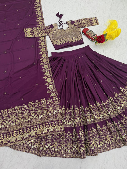 Function Wear Purple Color Chinon Heavy Embroidered Lehenga Set