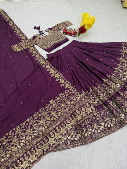 Function Wear Purple Color Chinon Heavy Embroidered Lehenga Set