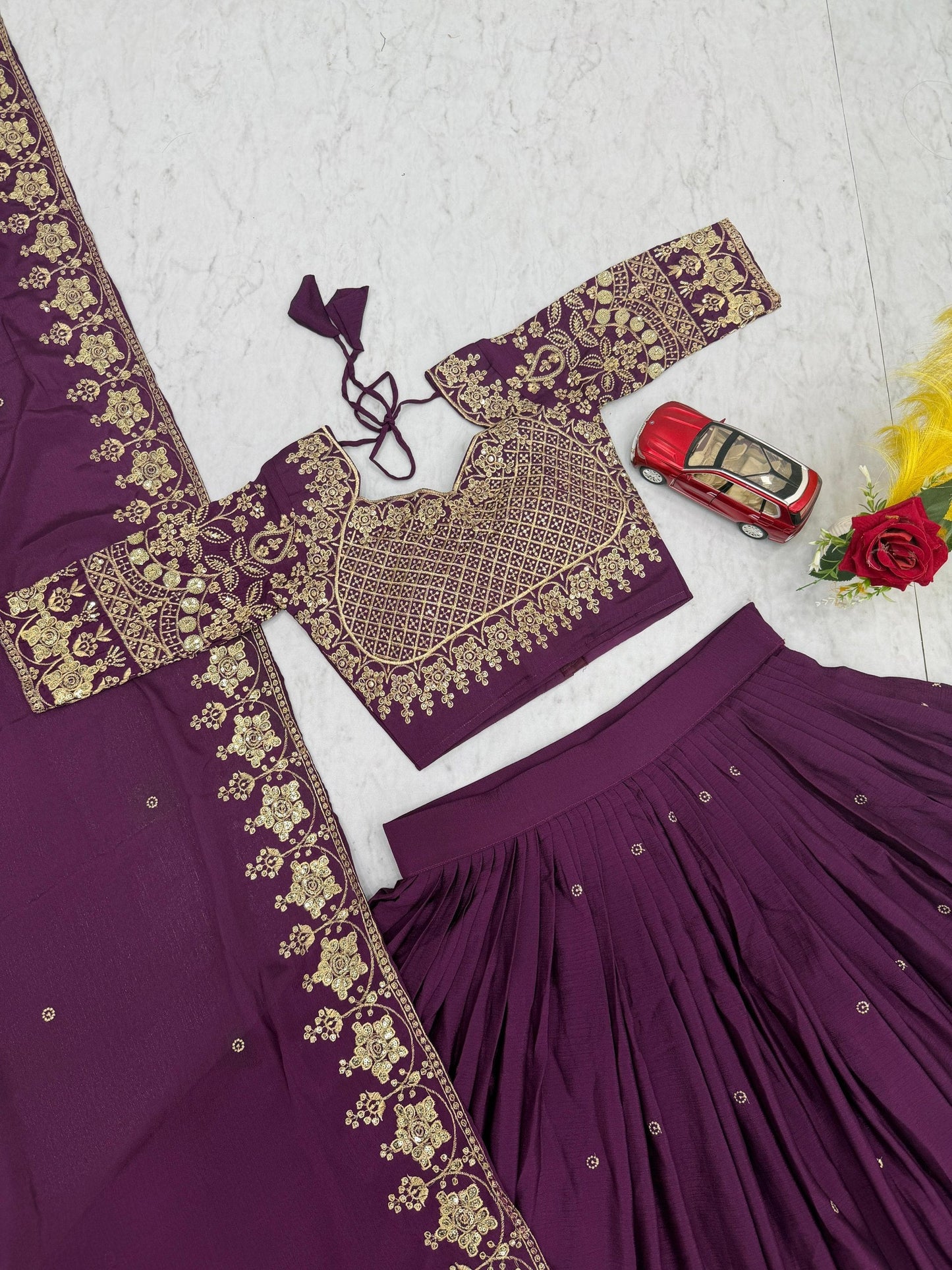 Function Wear Purple Color Chinon Heavy Embroidered Lehenga Set