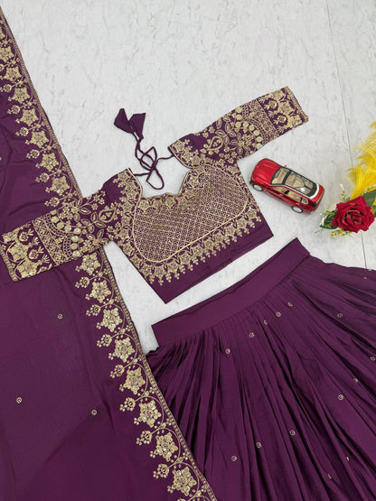 Function Wear Purple Color Chinon Heavy Embroidered Lehenga Set