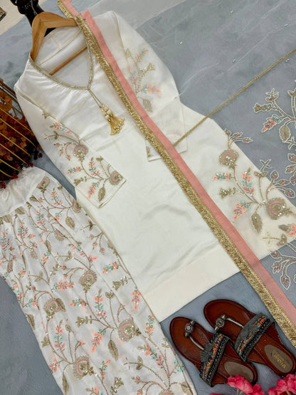 Cream Color Glass Satin Moti Work Designer Palazzo Farshi Suit Set