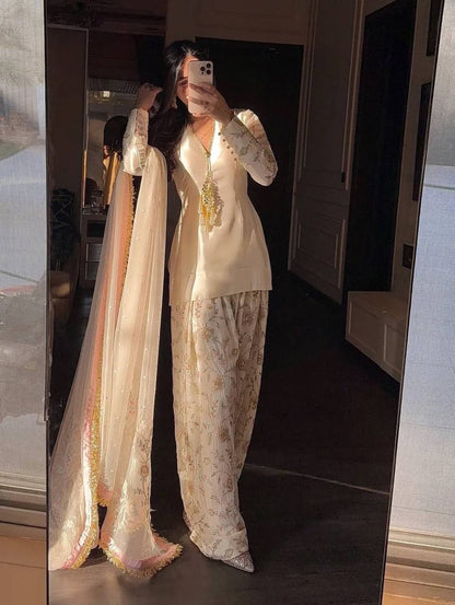 Cream Color Glass Satin Moti Work Designer Palazzo Farshi Suit Set