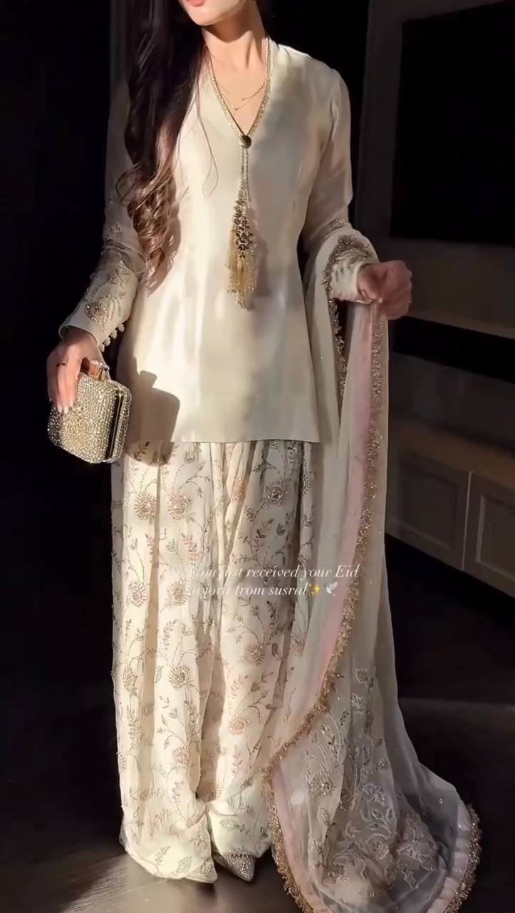 Cream Color Glass Satin Moti Work Designer Palazzo Farshi Suit Set