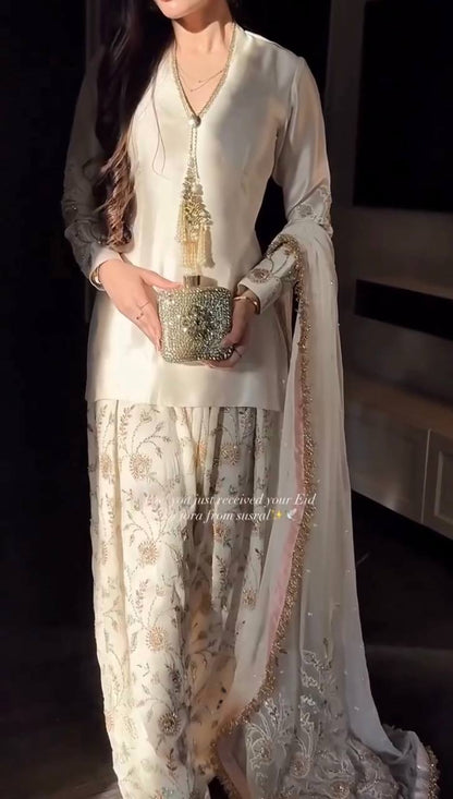 Cream Color Glass Satin Moti Work Designer Palazzo Farshi Suit Set