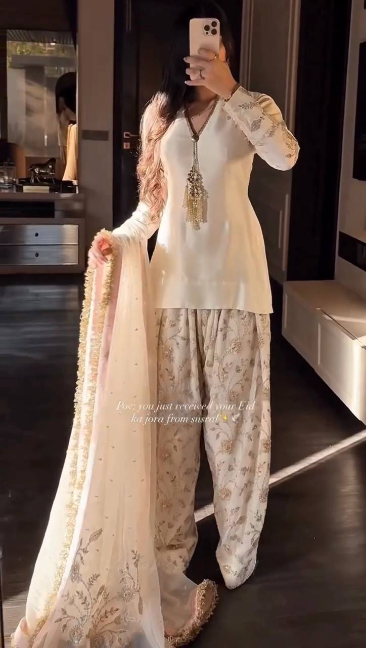 Cream Color Glass Satin Moti Work Designer Palazzo Farshi Suit Set