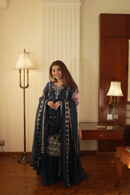 Graceful Grey Color Sequence Embroidered Palazzo Suit With Dupatta