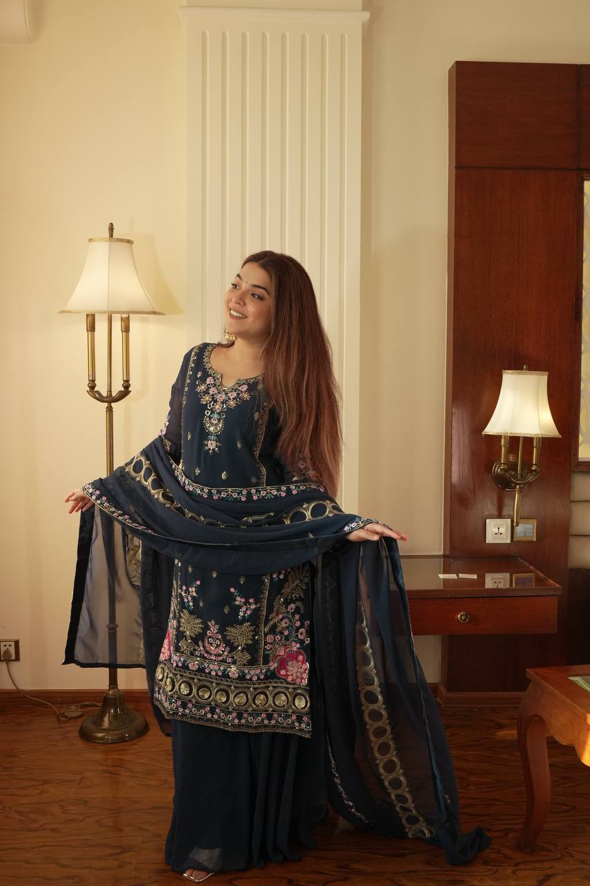 Graceful Grey Color Sequence Embroidered Palazzo Suit With Dupatta