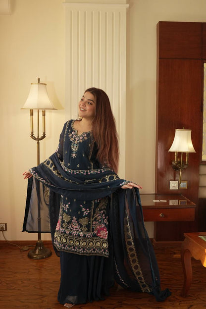 Graceful Grey Color Sequence Embroidered Palazzo Suit With Dupatta